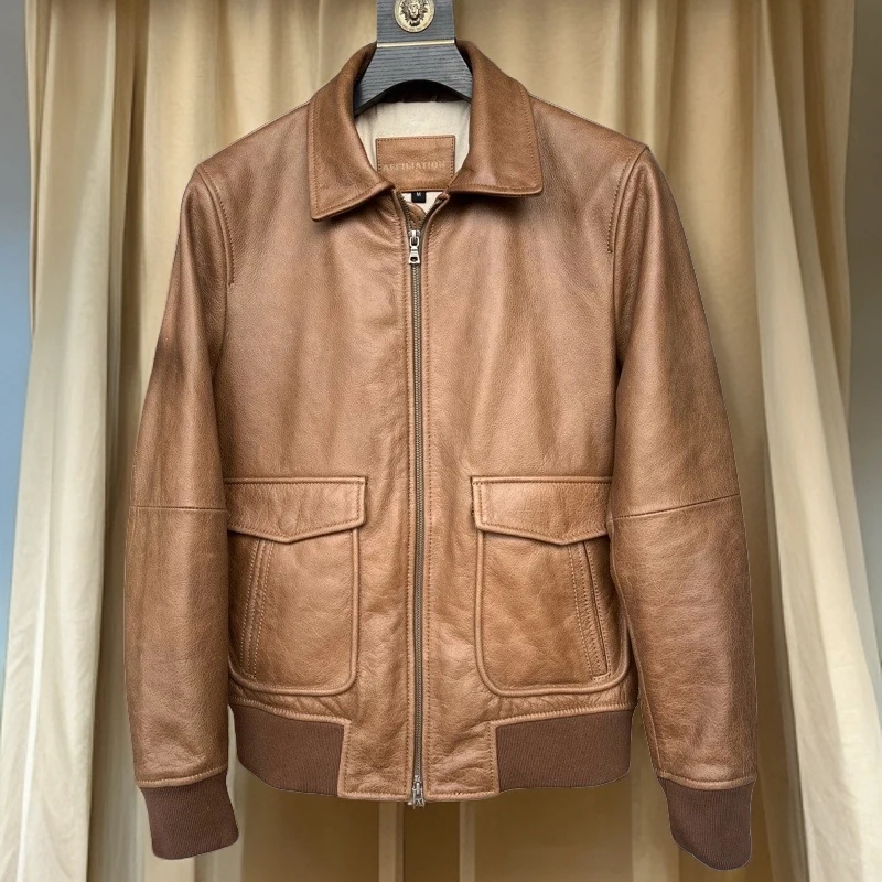 

Кожаный мужской повседневный летный костюм Jaet, винтажная верхняя одежда на весну и осень, верхний слой из воловьей кожи, натуральная кожа