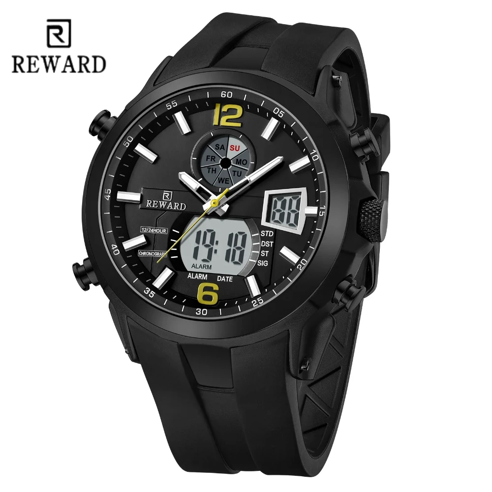

REWARD 53254M Sports Silicone Quartz Men's Watch Waterproof Luminous Date Chronograph Dual Display Watches for Men Reloj Hombre