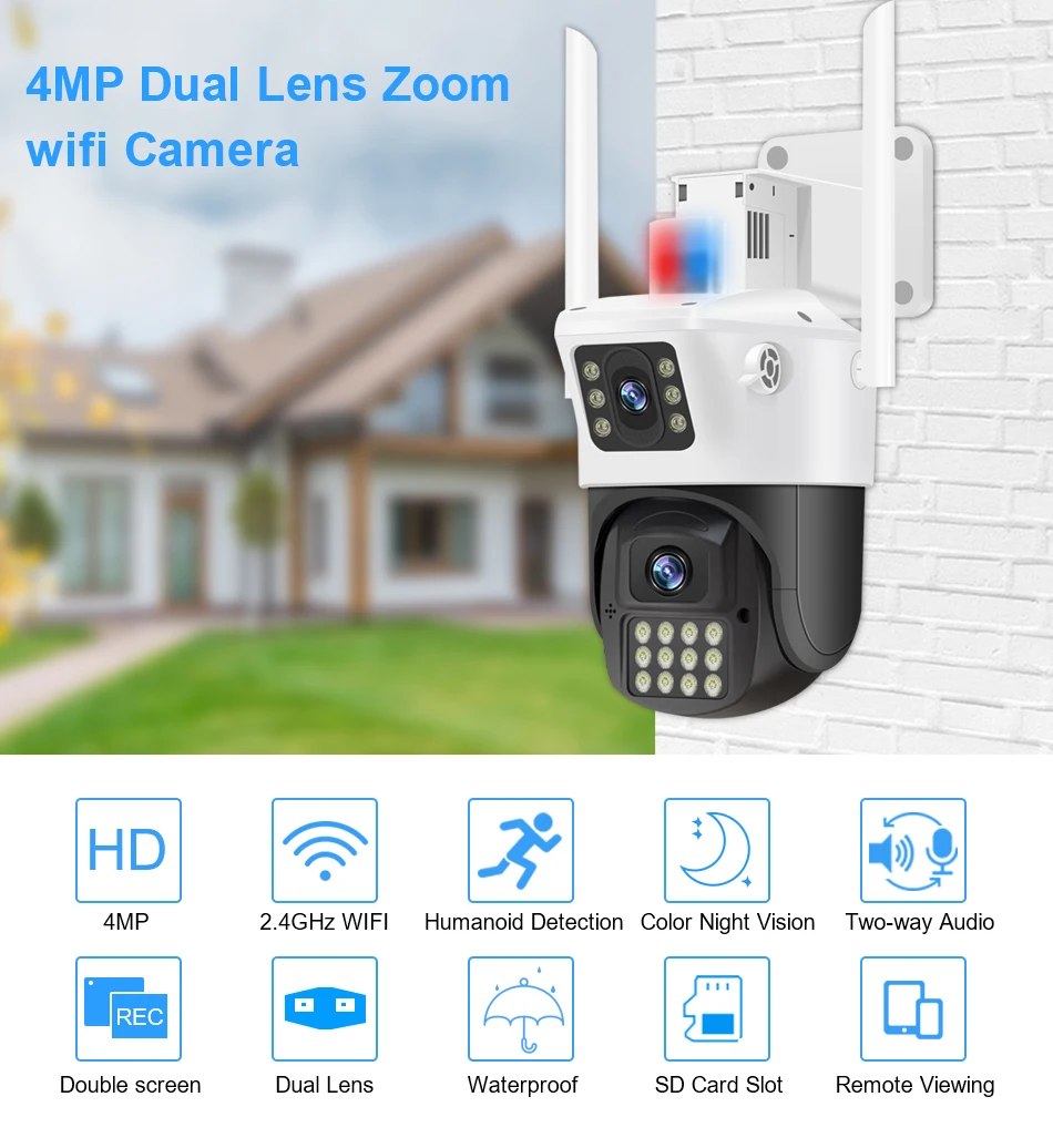 4MP ICSee Outdoor Dual Lens Security WIFI Camera Color Night Vision Waterproof Smart Home Wireless CCTV Camera