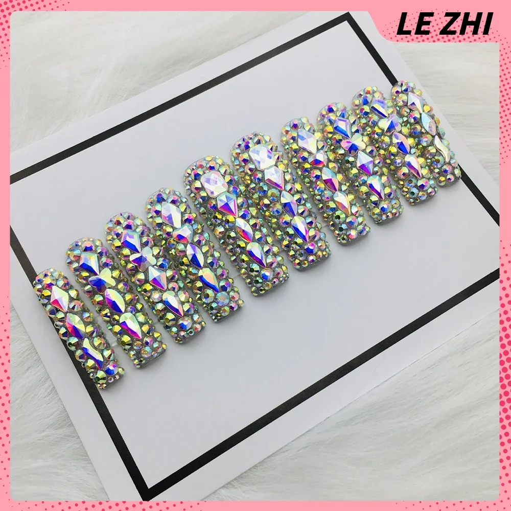 Xxl Square Stiletto Full Diamond Y2K Handmade Press On Nails Cute Glitter Reusable Manicure Artistic Finger Party Sticker