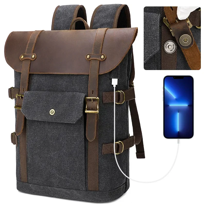 Retro Canvas Backpack Outdoor Travel Backpack Computer Bag Men\'s Crazy Horse Leather Backpack with USB Interface