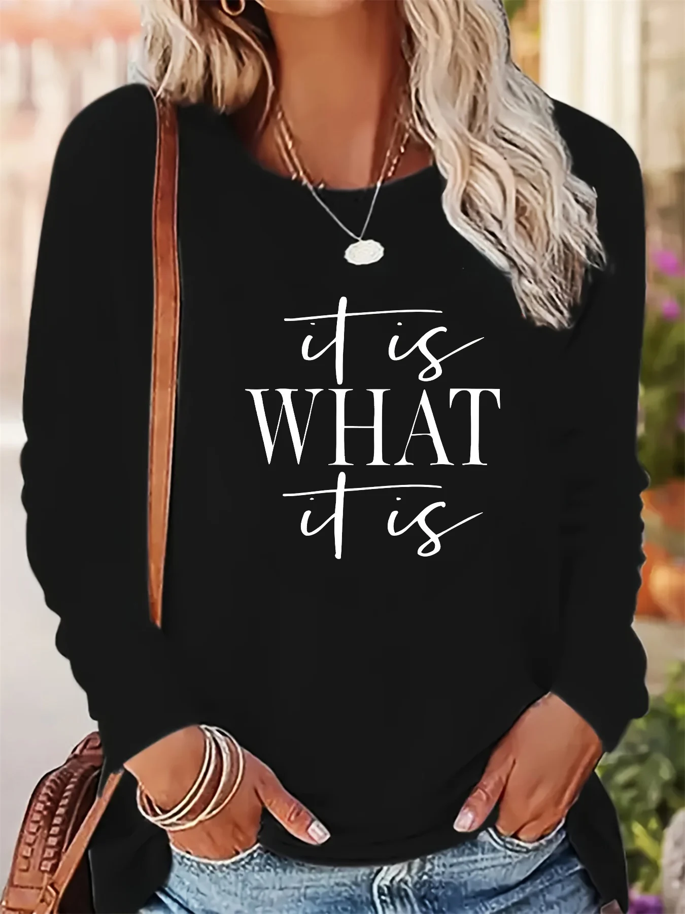 

Женская осенне-зимняя модная повседневная свободная футболка из 100% чистого хлопка с круглым вырезом и длинными рукавами с буквенным принтом