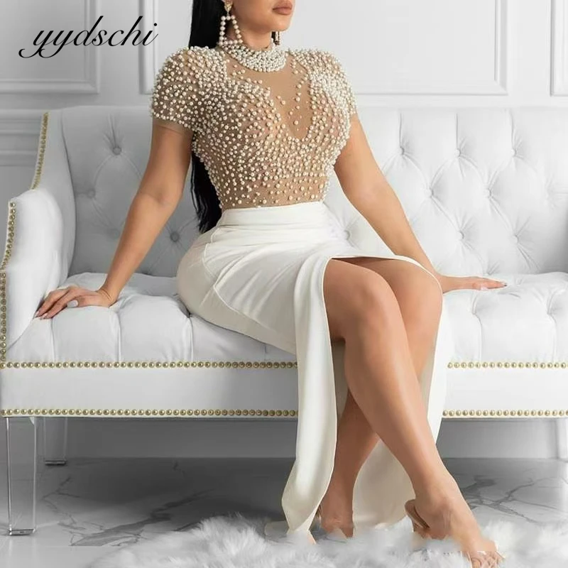 

Customized Sexy Luxury Dubai Pearls Ball Gown Mermaid Wedding Dresses O-neck High Slit 2025 Bridal Gowns فساتين سهرة