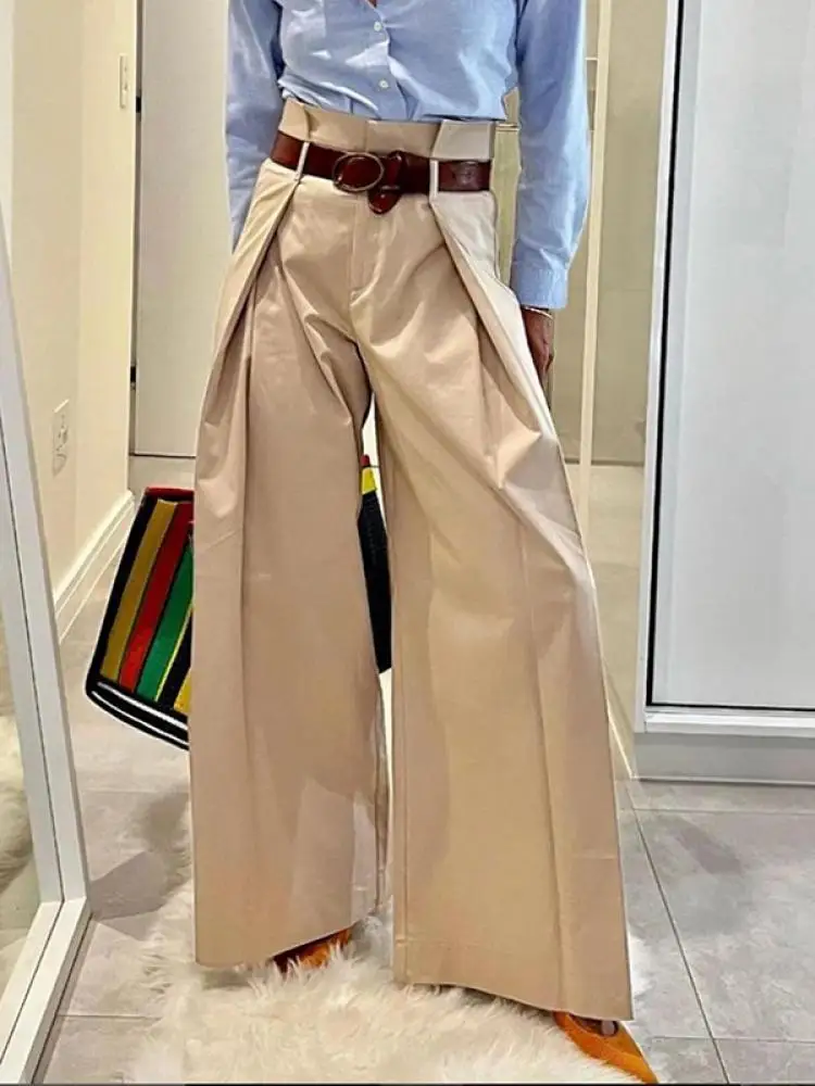 Bonboho Solid Color Cotton Blended Pants for Urban Female High Waist Folded Wide Leg Trousers Women\'s Loose Fit Casual Pants