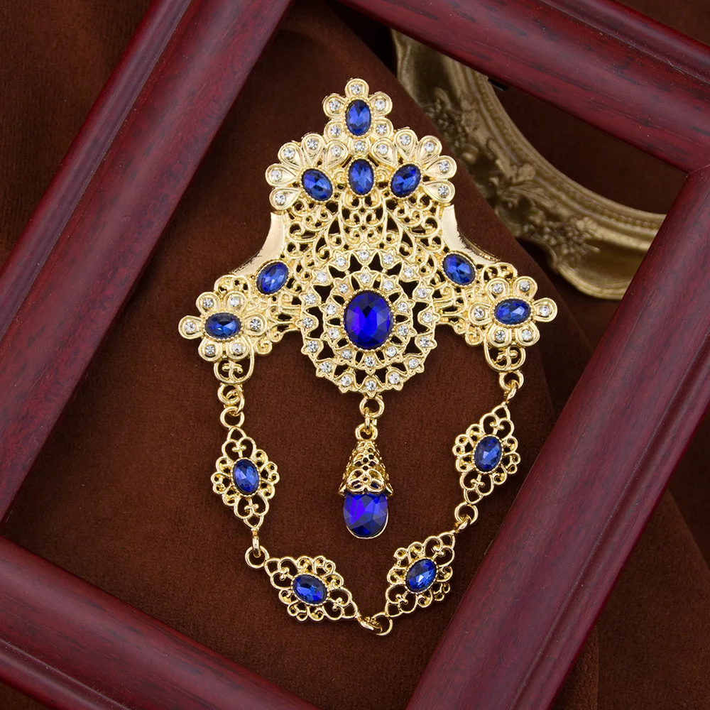 Sunspicems Chic Morocco Women Brooch Caftan Pins Hollow-out Flower Design Popular Arab Bridal Jewelry Scarf buckle Long Chain