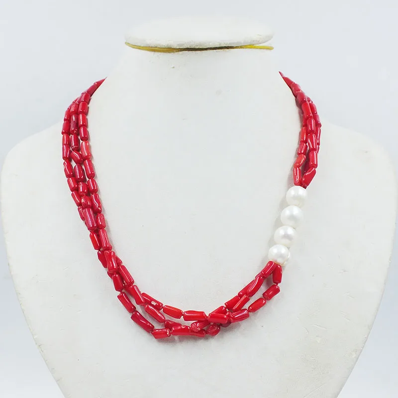 

Real perfect 3 strand 4MM natural coral/pearl necklace. Women's Birthday/Party Classic Jewelry 19”