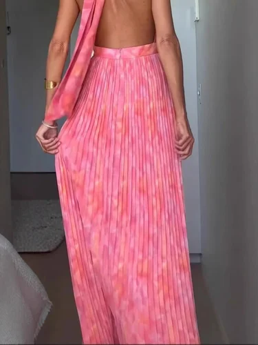 Imagen 2 del producto 2025 moda de verano nuevo vestido elegante estampado para mujer con correa cuello colgante escote en V profundo Sexy estilo de vacaciones vestido largo acampanado