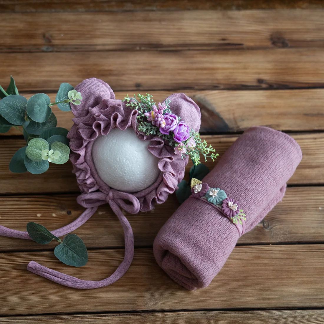 Noworodek rozciągliwa dzianina moherowa owijka koronkowa falbana maska do szycia i opaska na głowę fotografia rekwizyt Baby Wrap trzyczęściowy zestaw