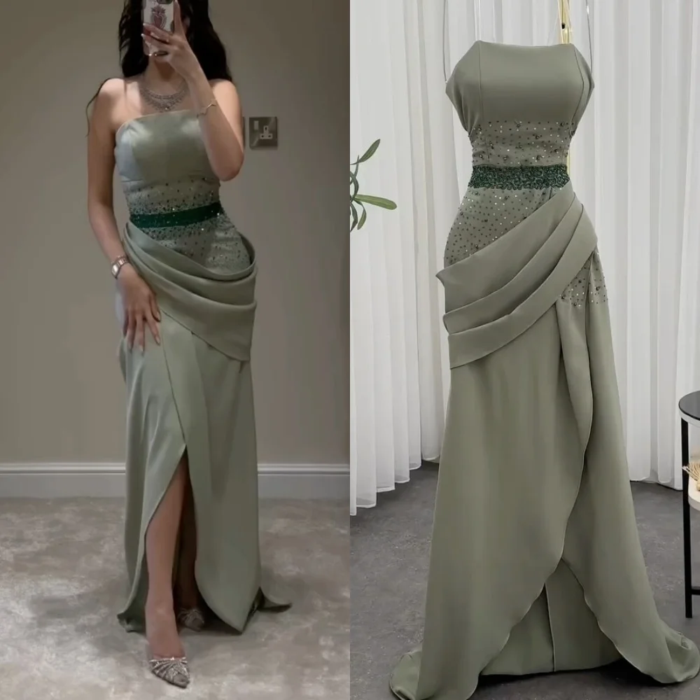 

Customized Matching Fashion Jersey Pleat Ruched Draped Beading Sequined Straight Strapless Long Dresses Bespoke Occasion Dresses
