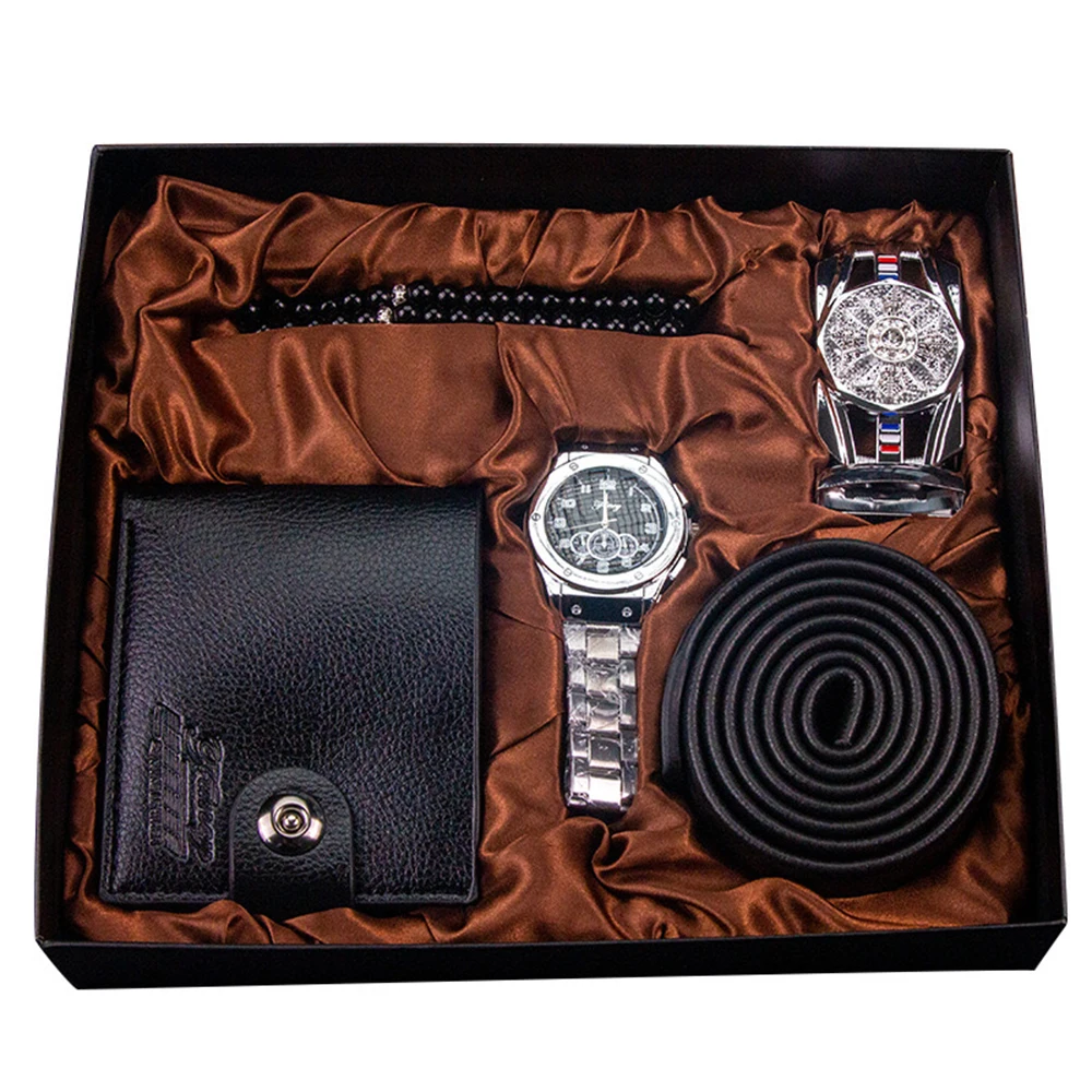 Mens Watch Luxury Set with Gift Box Fashion Steel Quartz Watch for Man Belt Wallets Rosary Bracelets Business Gifts for Male