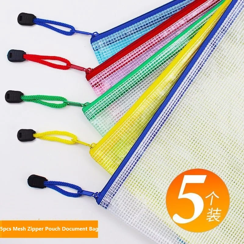 5pcs Mesh Zipper Pouch Document Bag Waterproof Zip File Folders A4 School Office Supplies Pencil Case Storage Bags