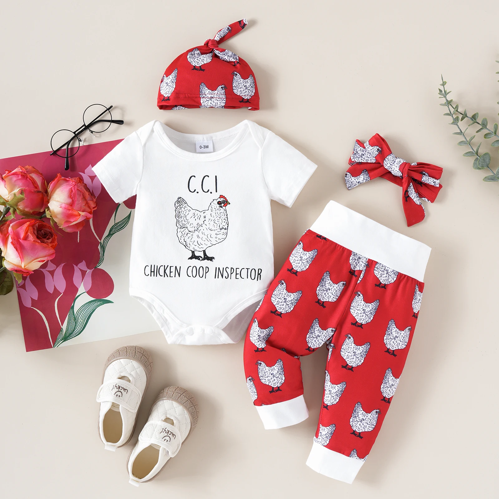 

Newborn Baby Girl 0-18 Months Summer Casual Daily Comfortable Hen Letter Printed Round Neck Short-Sleeved Triangle Top + Color-Blocked Pants + Hat and Scarf Four-Piece Set