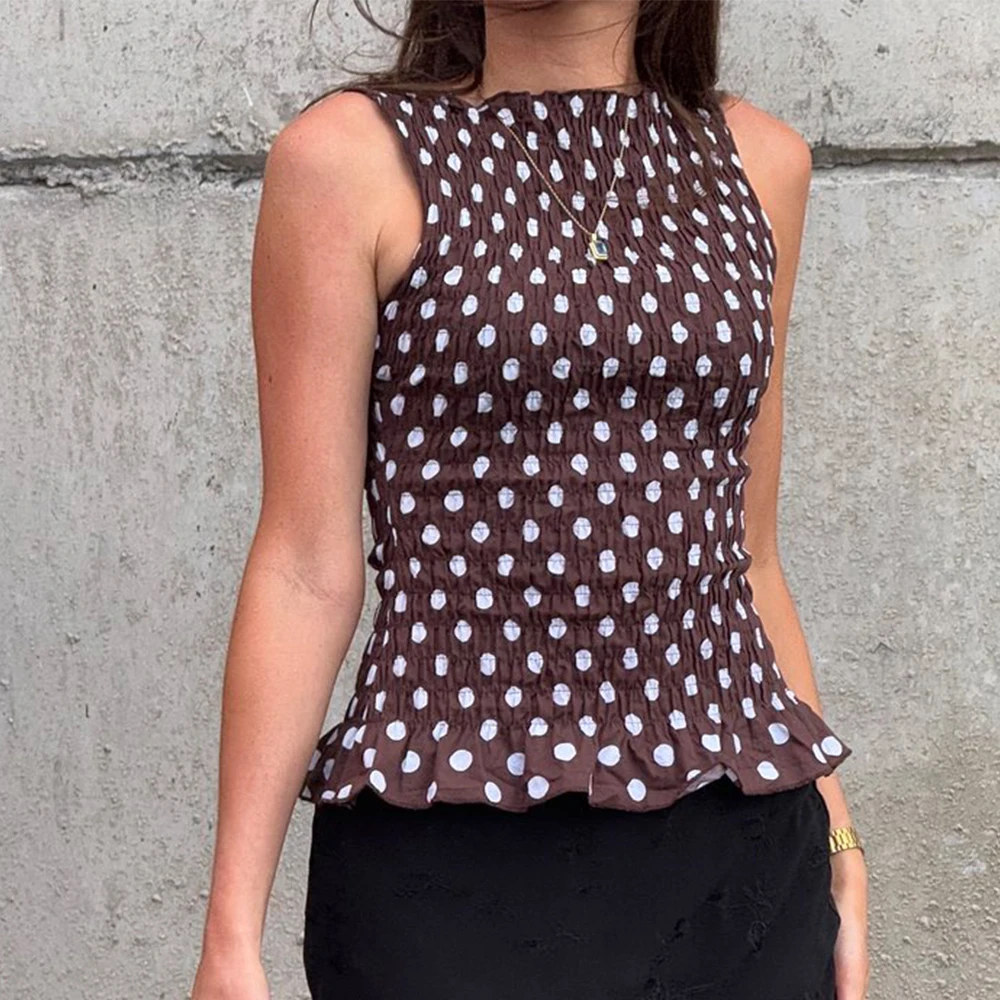 Women y2k Vintage Smocked Polka Dot Print Tank Tops Frill Shirred Ruffles Hem Sleeveless Shirts Slim Boat Neck Tops Streetwear