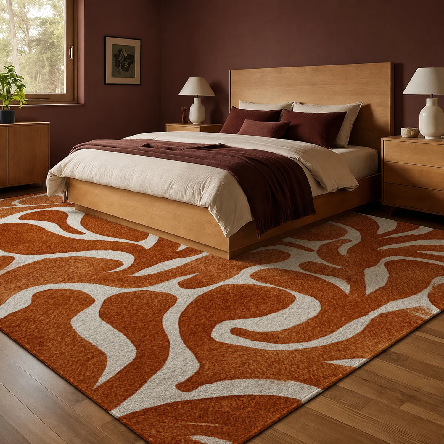 Large Indoor Area Rug, Soft Velvet Low Pile Floor Rug with Non-Slip Dotted Backing, Machine Washable Warm Terracotta Abstract Organic Pattern for Living Room, Bedroom, Entryway