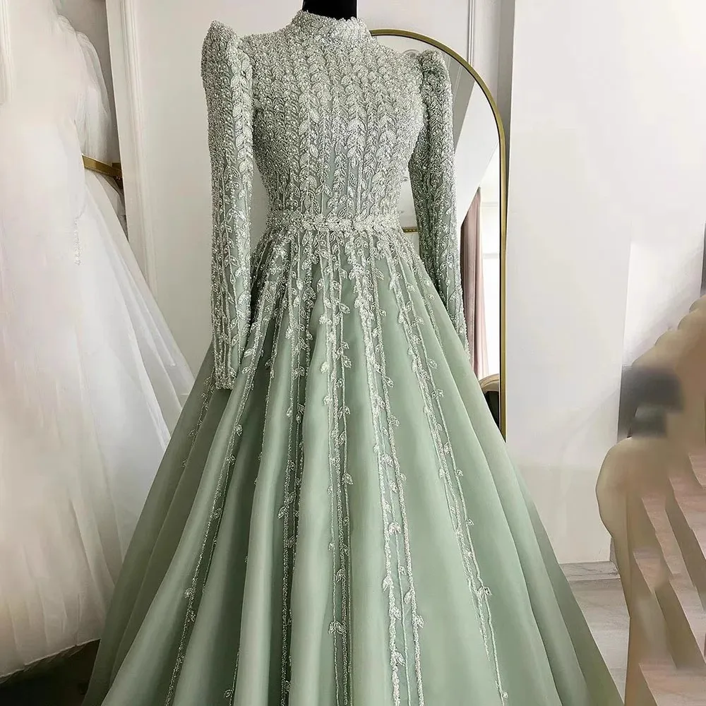 Charming Arabic Luxury Beading Women Evening Dresses Long Sleeve High Neck A Line Formal Occasion Dress Prom Pageant Gown Robe