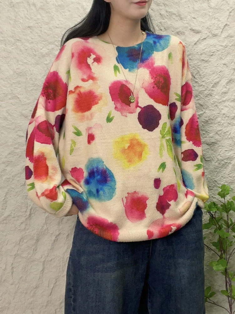 Amax luluE 2025 سترات نسائية شتوية مطبوعة فضفاضة دافئة سترات نسائية فاخرة كبيرة الحجم برقبة دائرية ملابس تريكو غير رسمية