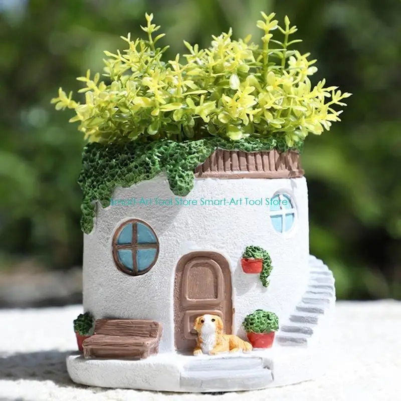 E1PB Cream Color Miniature Villa Planter 6cm Inner Space Resin Plant Pot Drainage Design