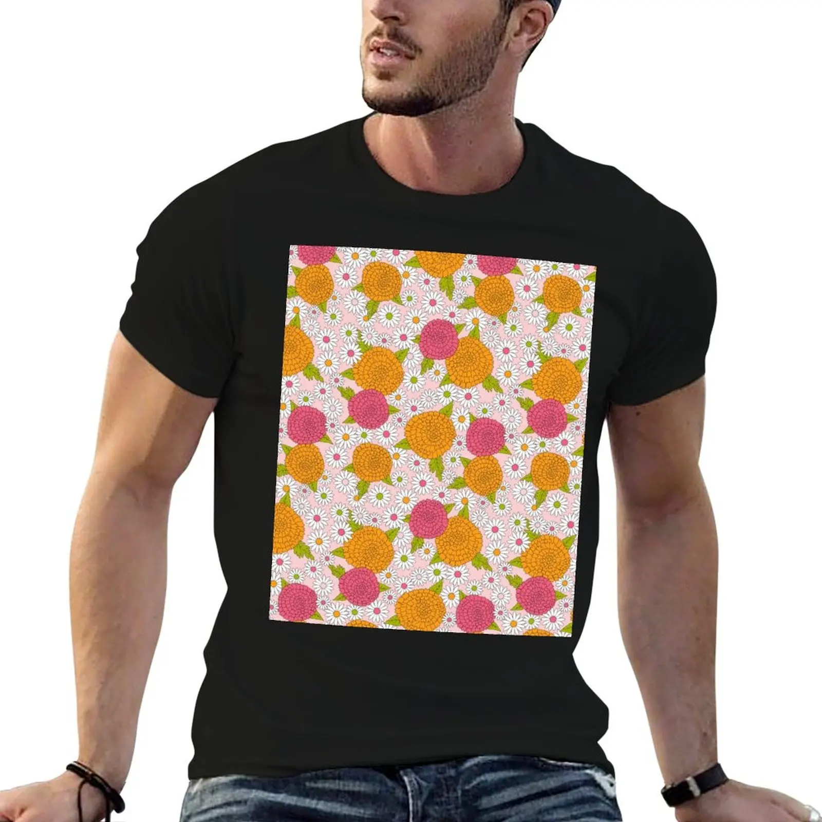 Zinnia Daisy Delight Pink Orange Floral Flower Power T-Shirt graphic t shirts korean fashion mens shirts graphic tee