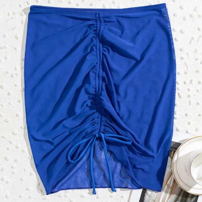 Women Bikini Cover Up Wrap Mini Skirt Ruched Drawstring Sheer Mesh Beach Sarong Drop Shipping