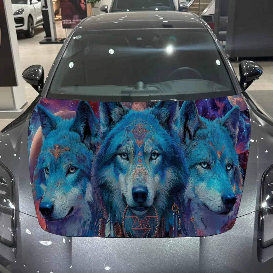 Psychedelic Wolf Trio Cosmic Adventure PVC Car Hood Wraps, Self-Adhesive Waterproof Car Bonnet Decal Sticker, Car Decoration Pro