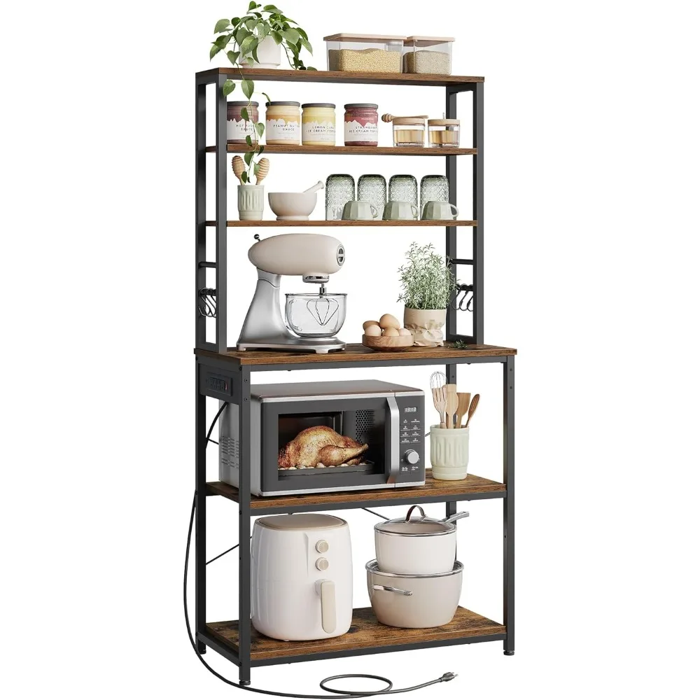 

Bakers Rack with Power Outlet, 31.5 Inches Coffee Bar for Kitchen with Storage, 6-Tier Kitchen Shelves with 6 Hooks, Microwave