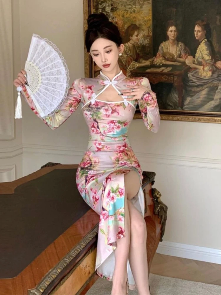 150kg 5XL Large Size Vintage Chinese Cheongsam Print High Split Bodycon Maxi Dress Plus Size Long Sleeve Qipao Long Vestidos