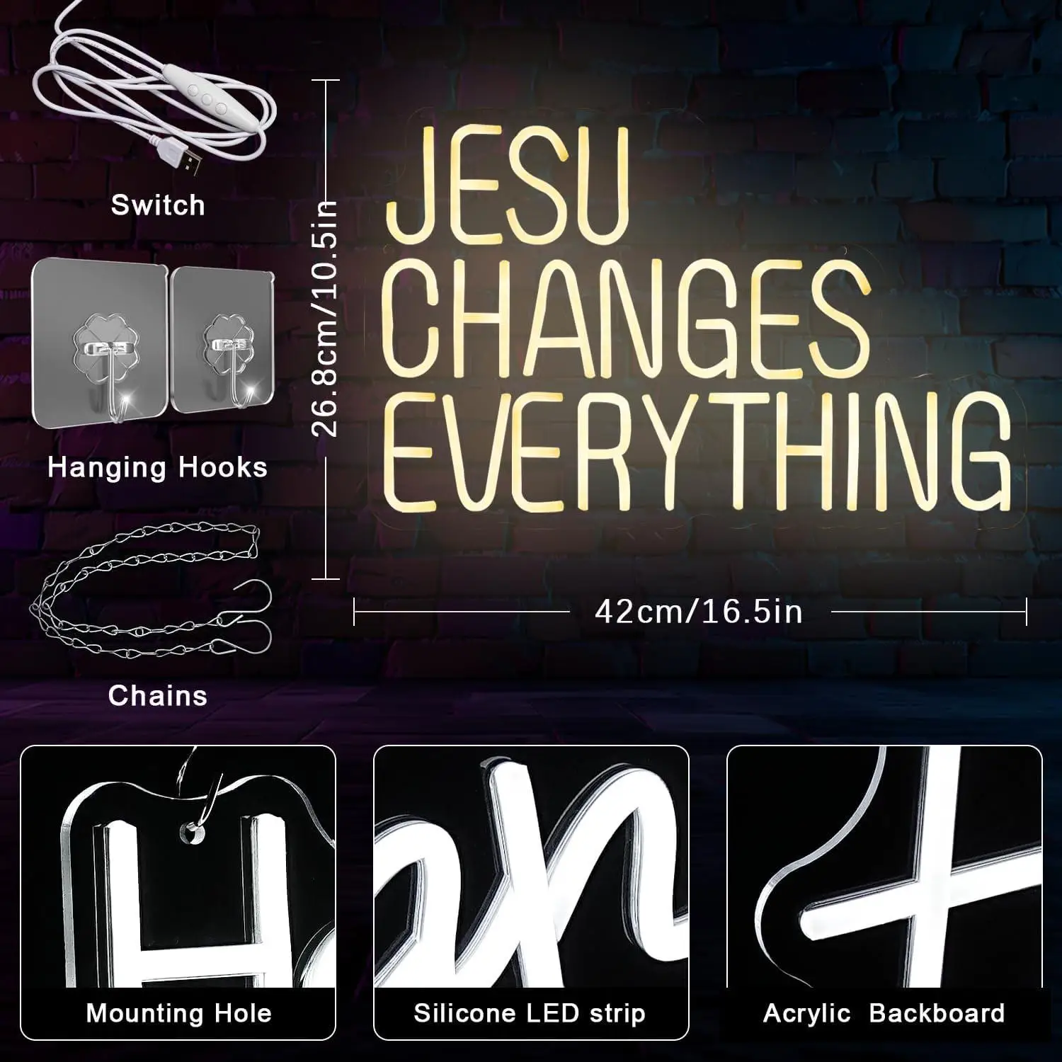 Jesus Changes Everything Neon Sign for Wall Decor Jesus LED Neon Light Sign for Bedroom Easter Religious Events Church Decor