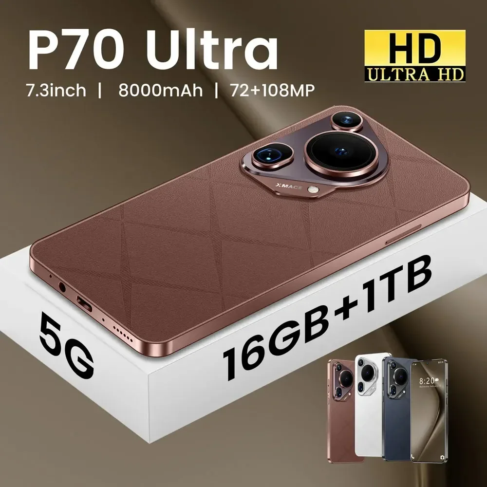 هاتف ذكي P70 Ultra 5G 7.3 pollici 16GB + 1 تيرابايت خلوي ثنائي الشريحة telefono محمول أندرويد 8000 مللي أمبير نسخة محمولة عالمية