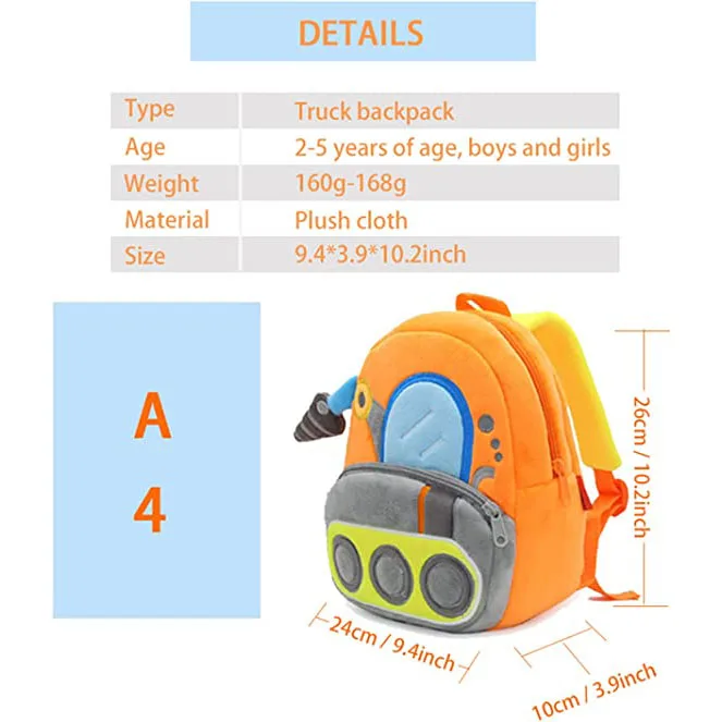 Testo personalizzato bambini Cartoon Car Backpack Cute Sanitation Vehicle Lift Truck peluche School Bags ragazzi ragazze zaino leggero