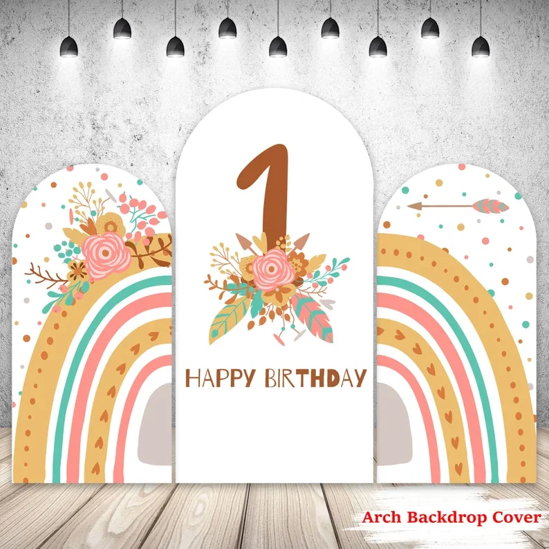 Mehofond Boho Rainbow Custom 2-Sided Arch Cover Backdrop Kids 1st Birthday Baby Shower Bohemia Floral Background Photo Studio