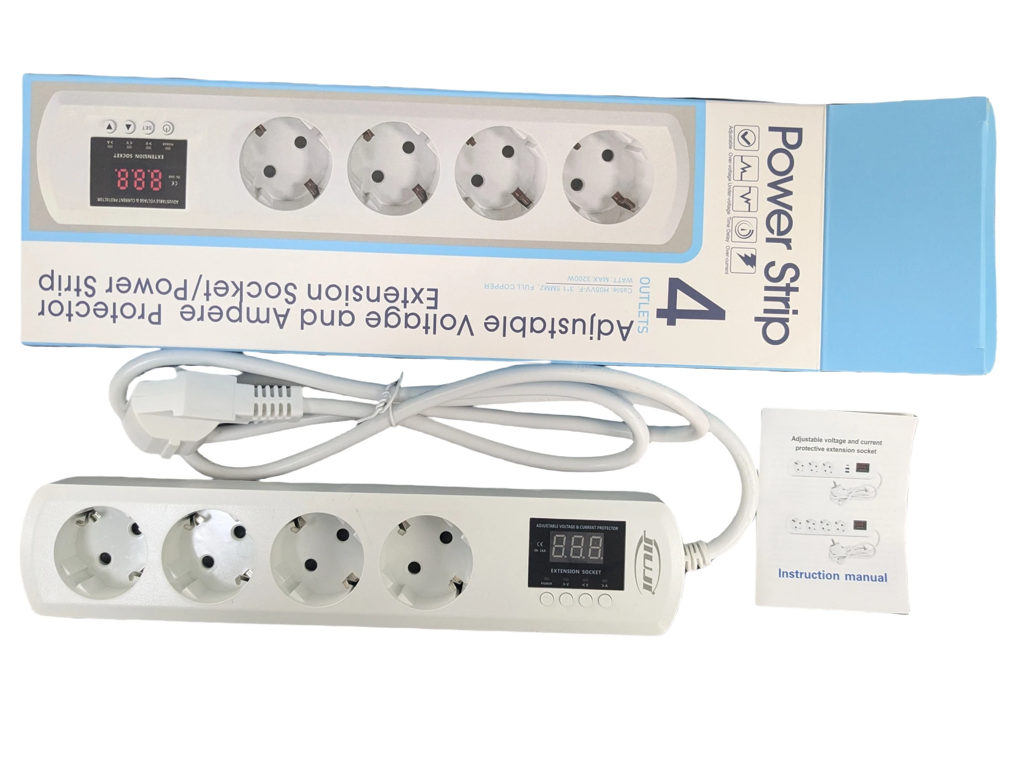 2025 new VA protector power strip Adjustable voltage and current protective extension socket 4 outlets EU socket AC power cord