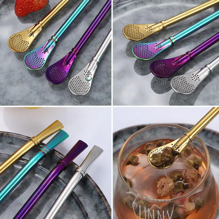 Spoon Tea Filter Yerba Mate Tea Straws Stainless Steel Drinking Straw Bombilla Gourd Reusable Tea Tools Washable Bar Accessories