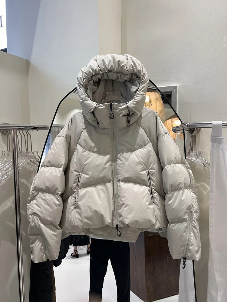 2025 new 90 down jacket sleeve zipper design short style women's hooded fashion loose simple warm white duck down coat