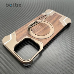 Walnut Wood Case For iphone 16 Pro Max Cover 15 Plus 14 13 Shockproof Frameless Metal Funda Built-in Kickstand With Protector