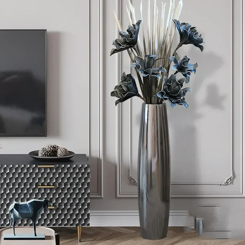 &Large Floor Plant Pot Ceramic Dried Flowers Silver Tall Nordic Vase Bonsai Flowerpot Decorative Objects for Home