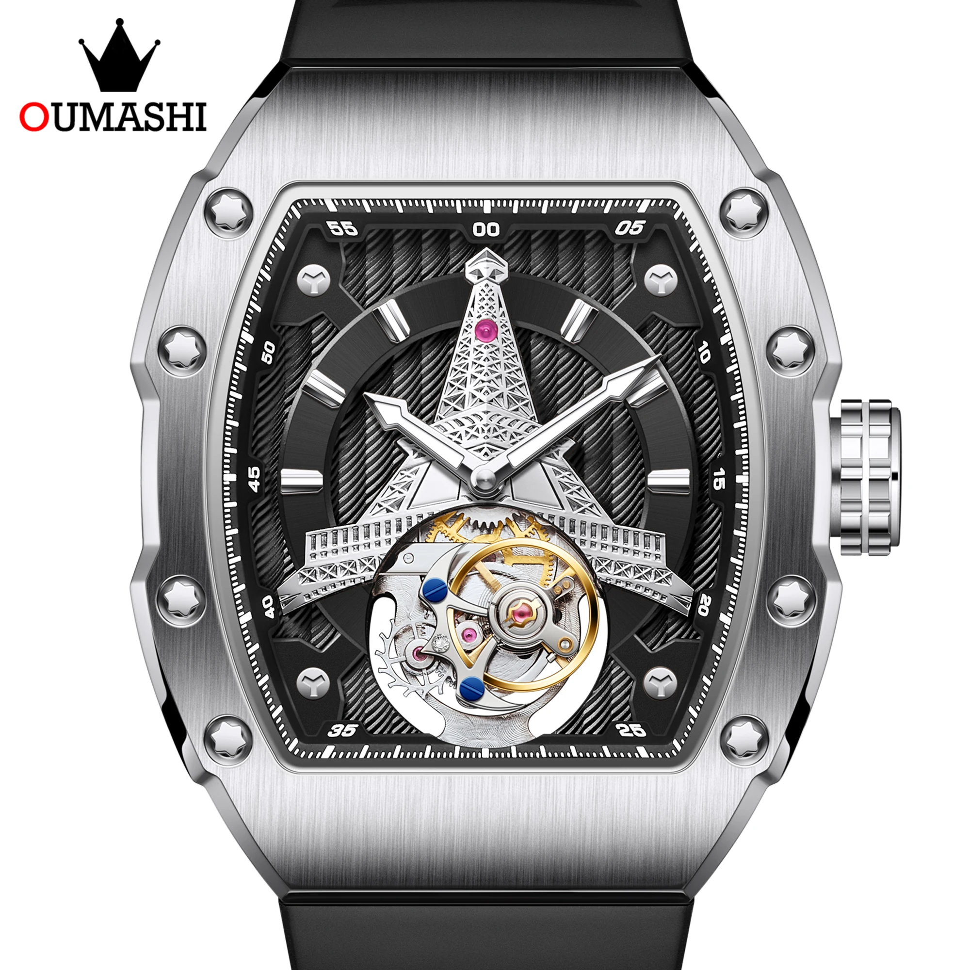 OUMASHI Tourbillon Eiffel Tower 41.7mm Men's Luxury Watch with Mechanical Frame and Original Tourbillon Mechanical Movement