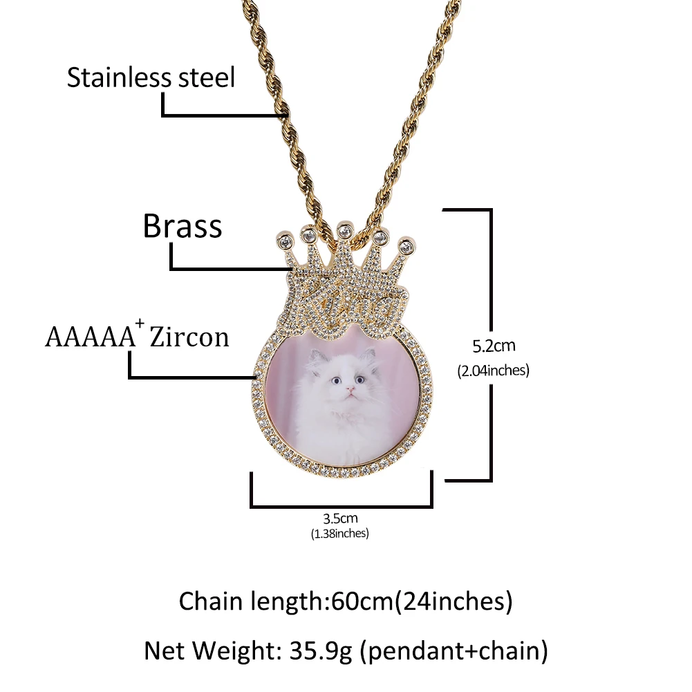 UWIN Medallion Picture Pendant Necklace with Crown Bezel Bling Cubic Zirconia Charms Memorable Fashion Jewelry for Mothers' Day
