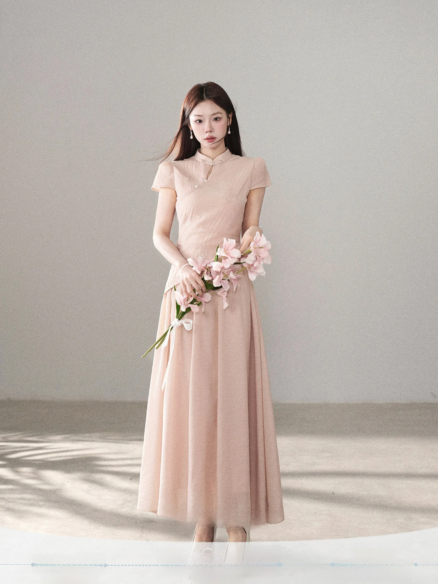 

New Chinese Style Women's Dress Pink Wildberry Short Sleeve High Waist A-Line Skirt Bubble Sleeve City Commute Summer Dress