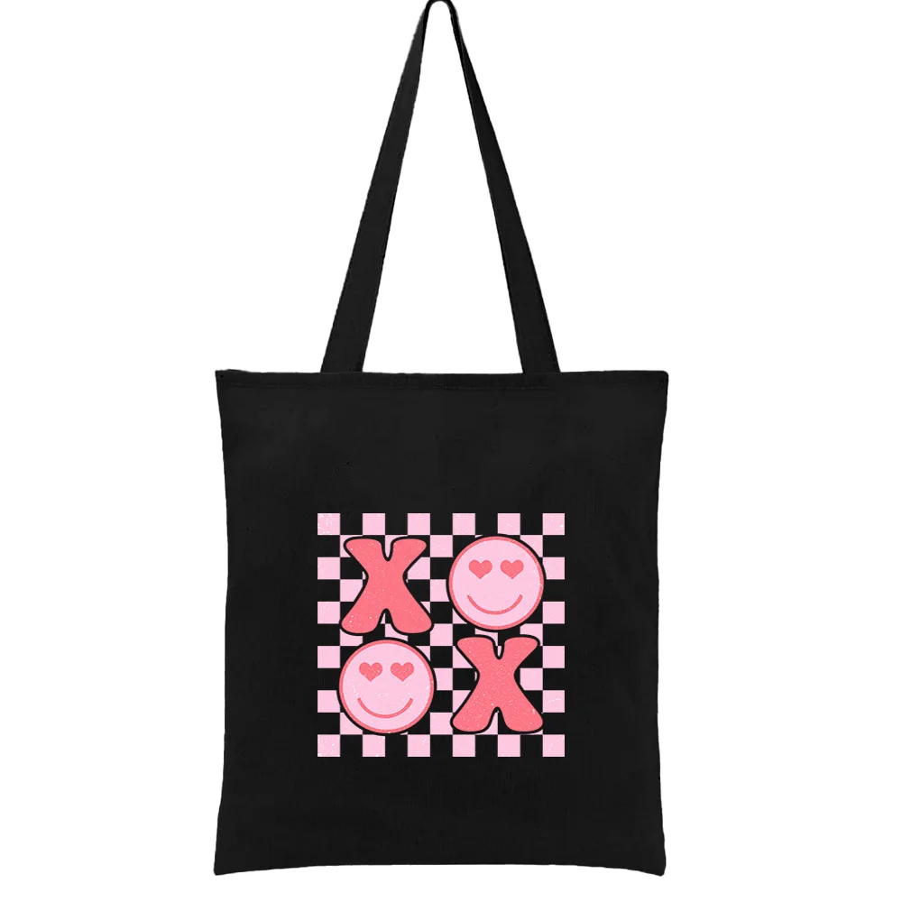 

Valentine's Day Special Black Canvas Tote - Couple's Heart Print Reusable Shopping Bag, Spacious Hand Carry All for Storage