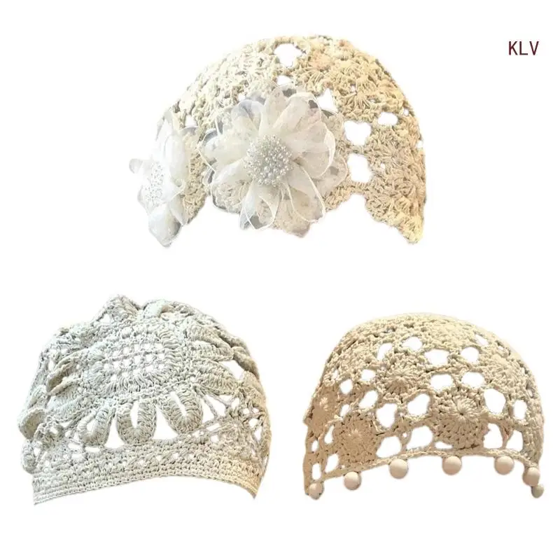 Harajuku Flower Hat 2000s Girl All Matching Hat Ethnic Crochet Pullover Skull Hat Breathable Hollowed Turban Hat