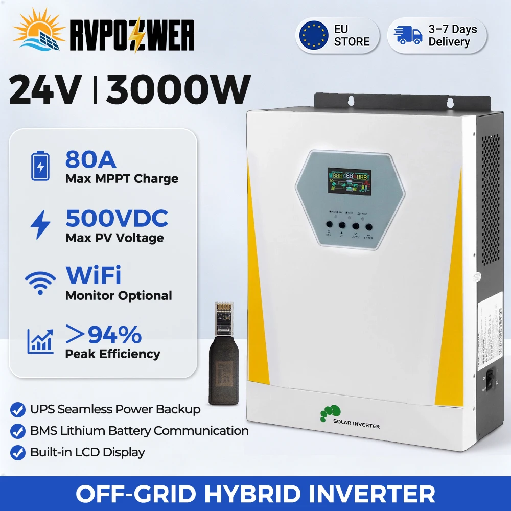Inverter Solare Ibrido Off-Grid RVPOZWER 24V 3000W, MPPT 80A 500VDC Max PV, WiFi Opzionale, Comunicazione UPS BMS per Sistema Solare Domestico e Camper