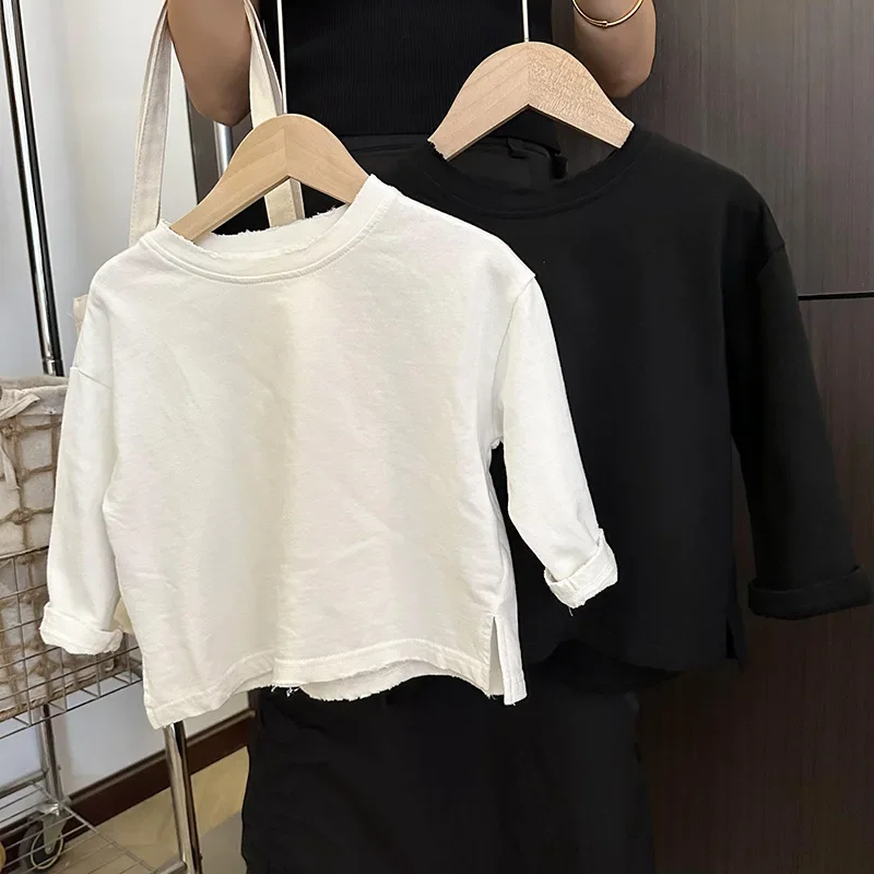 Children's Autumn Models Boy's Long-Sleeved T-shirt Ripped Bottoming Shirt 2023 New Baby Girl Top All-Matching Western Style T