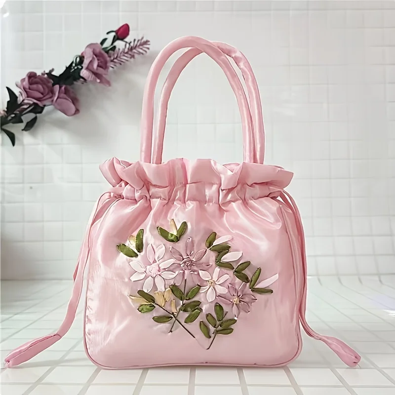 Floral Pettern Handbag, Women\'s Fashion Nylon Drawstring Phone Bag Double Handle Purse