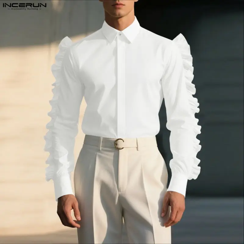 

INCERUN Men Shirt Solid Color Lapel Long Sleeve Ruffle Casual Men Clothing Loose Streetwear Fashion Leisure Tops Camisas S-5XL