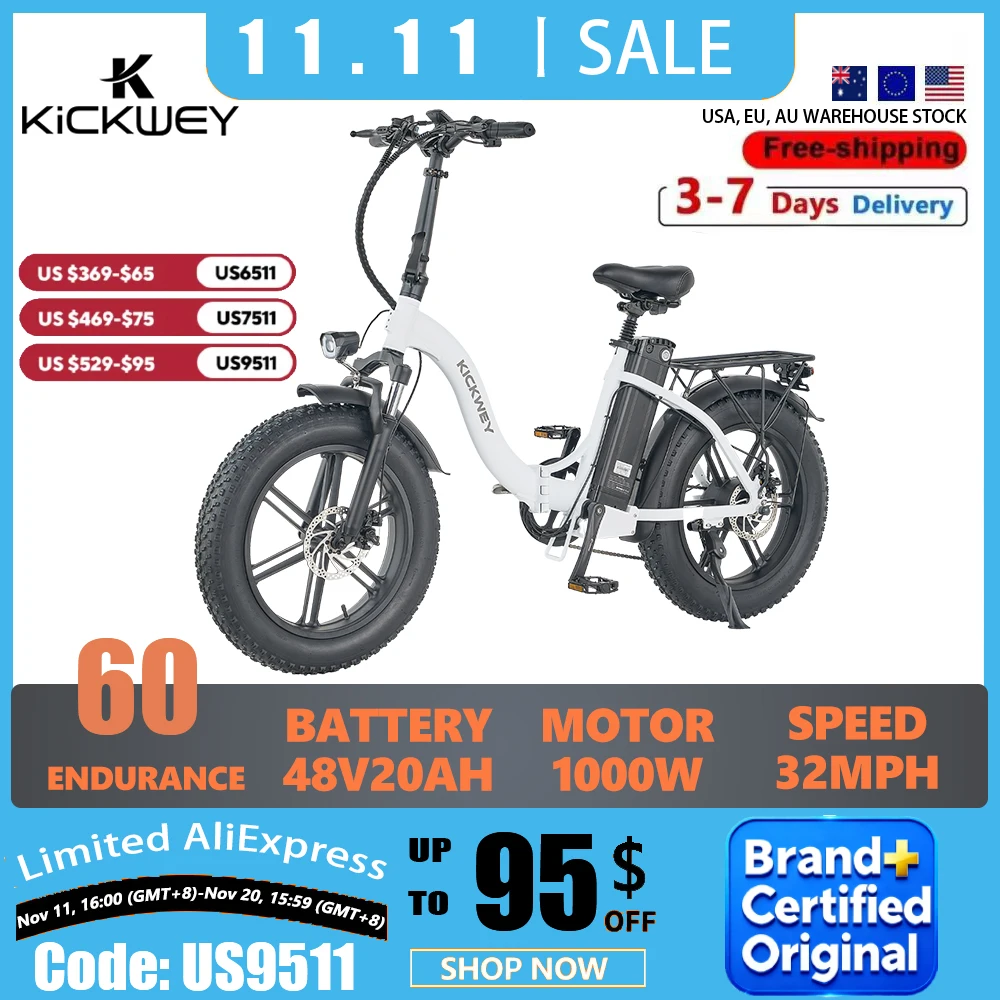 

Складной электрический велосипед Kickwey L20, двигатель 1000 Вт, 48 В, 20 Ач, съемный аккумулятор, 20-дюймовый складной внедорожный велосипед с толстыми шинами для взрослых
