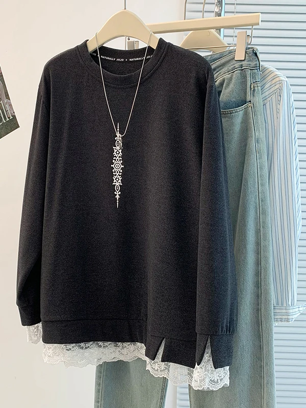 暖かいレーススプライスラウンドネプリントT-irt韓国Sle女性の秋冬新作ファイオン多用途ロングSveサーマルトップ