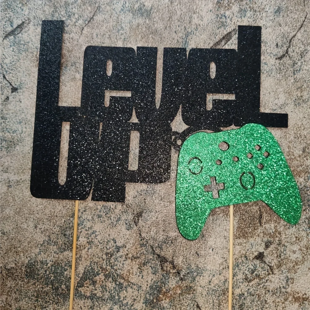 1pc Level Up Cake Topper Black And Green Glittery Video Game Party Cake Decor Video Game Controller