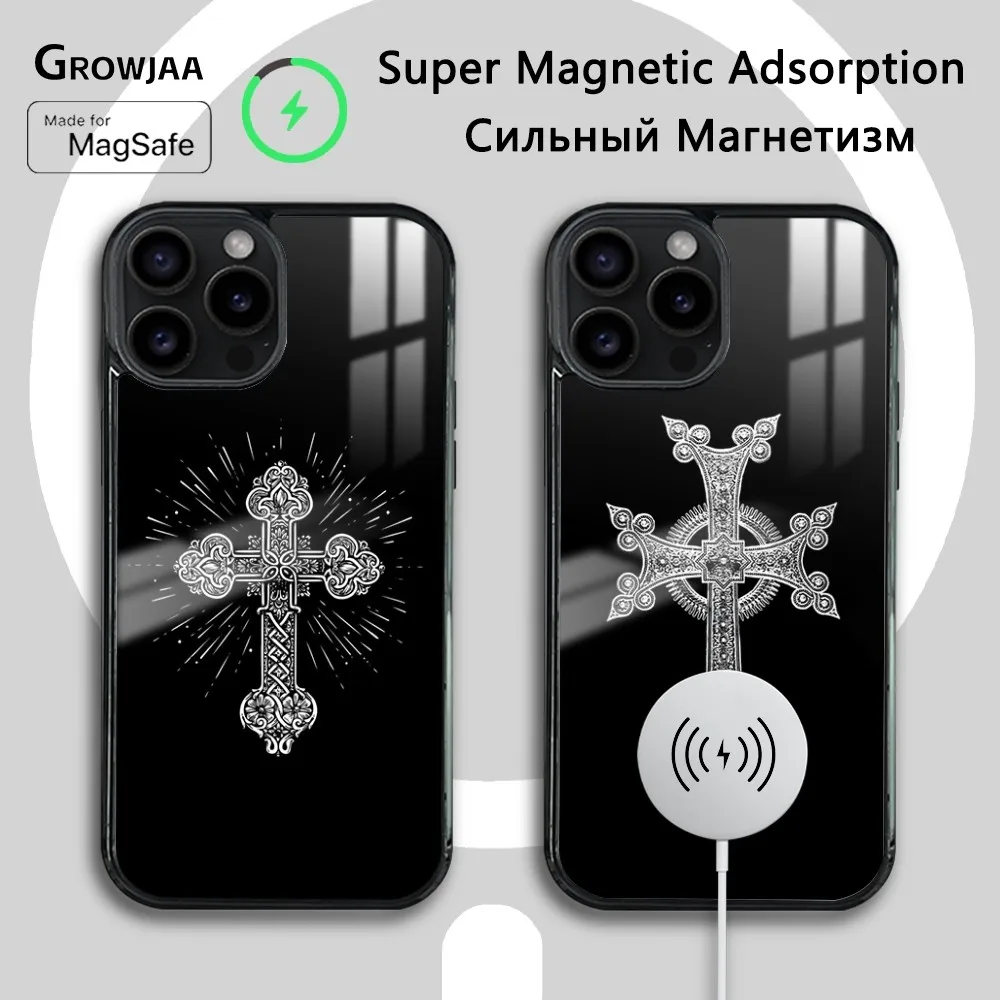 Orthodox Sacred Cross Icon Phone Case For iPhone 16 15 14 13 12 11 Pro Max Plus Mini New Magsafe Mirror Wireless Magnetic Cover