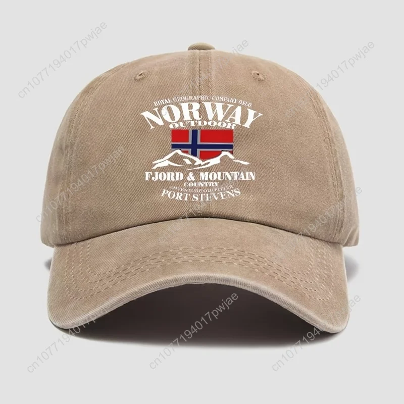 Klassieke gewassen baseballpet met "Norway" printpatroon op de hoed. Verstelbare hoed, ideale zonnehoed voor buitenactiviteiten, unisex