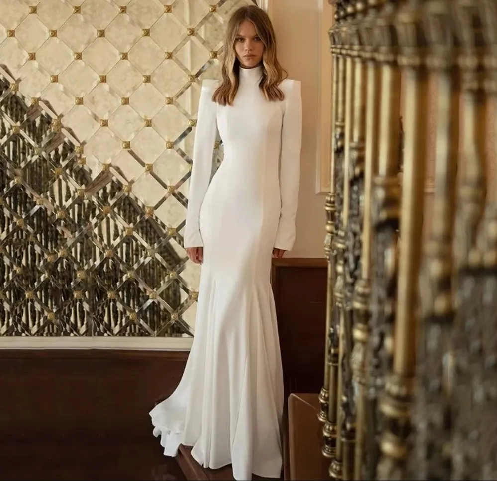 

Modest White Mermaid Evening Formal Dress Long Sleeves High Neck Soft Satin Prom Pageant Party Gowns Robe De Soiree